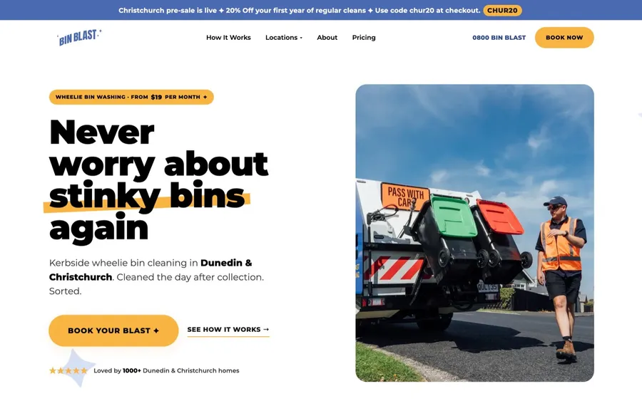 The Bin Blast homepage we designed and built
