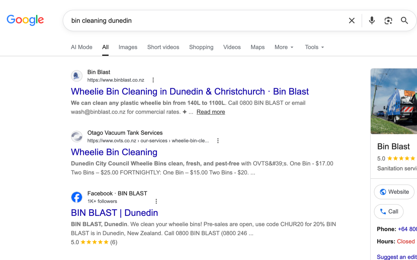 Bin Blast top of the Google results for bin cleaning Dunedin