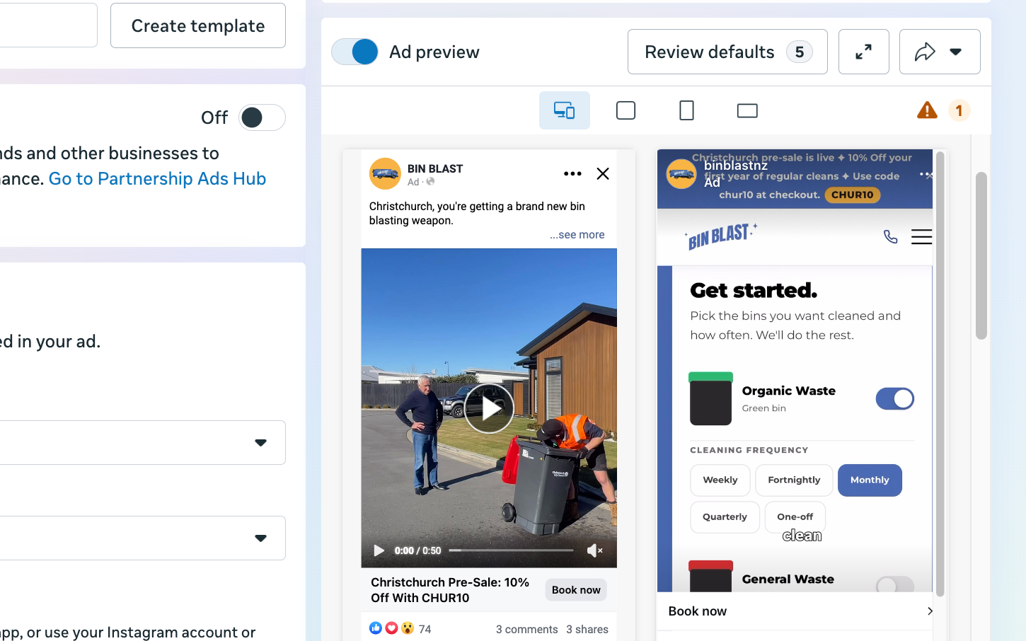 The Christchurch presale reel previewed in Meta Ads Manager alongside the booking flow it lands on