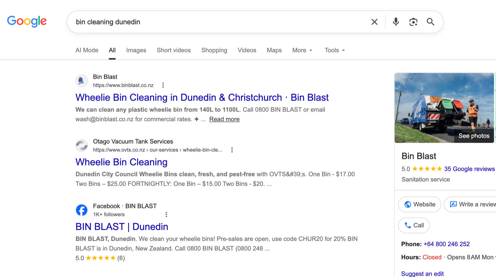 Search rankings for bin cleaning Christchurch and Dunedin