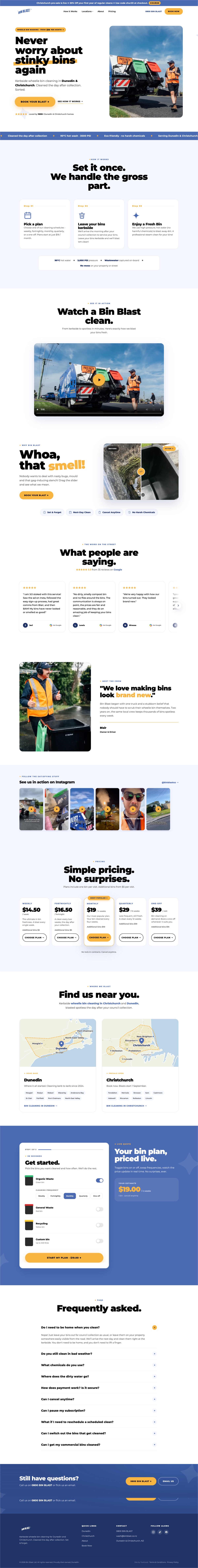 The full Bin Blast homepage, top to bottom