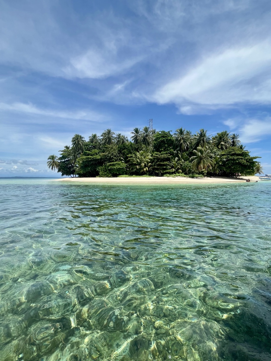 Palm-covered island and clear turquoise water in Bocas del Toro, Panama